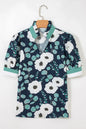Blue Floral Print Striped Patchwork V Neck Short Sleeve Blouse - Sweet Fashion Wholesale