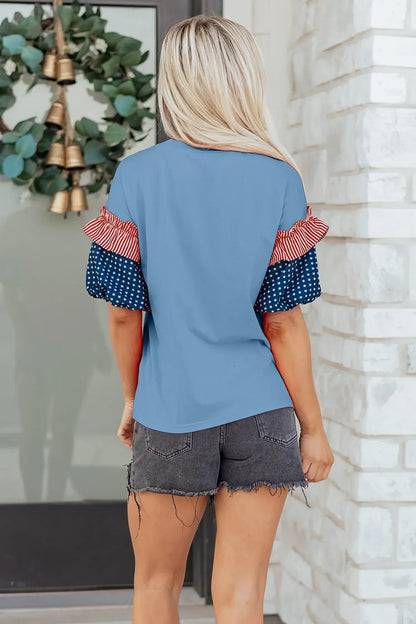 Beau Blue Stars Stripes Short Puff Sleeve Top - Sweet Fashion Wholesale