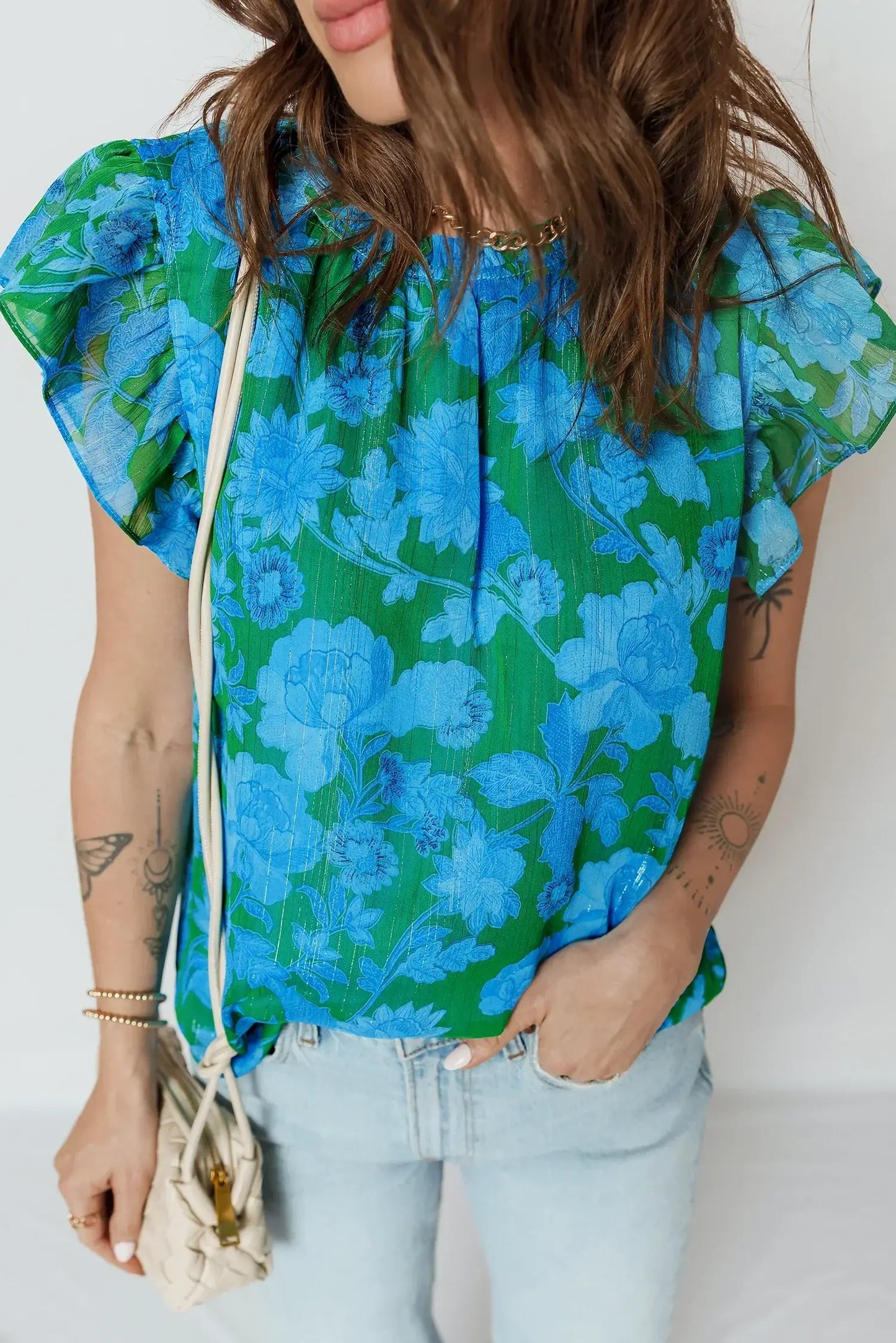Green Floral Print Ruffled Sleeve Summer Blouse - Sweet Fashion Wholesale