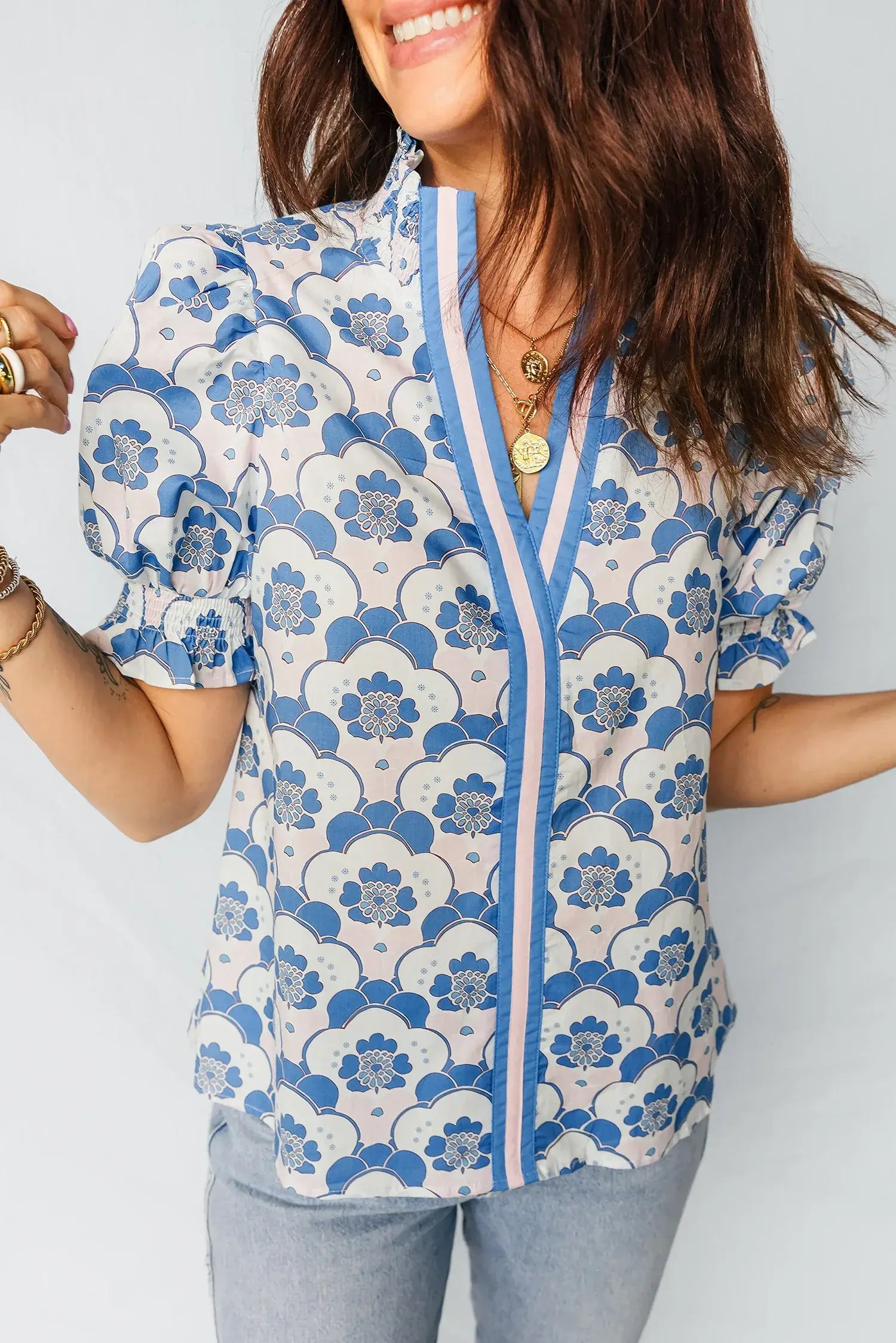 Sky Blue Floral Print Flounced Short Sleeve Contrast Trim V Neck Blouse - Sweet Fashion Wholesale