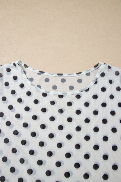 Black Polka Dot Sheer Mesh Long Sleeve Round Neck Shift Blouse