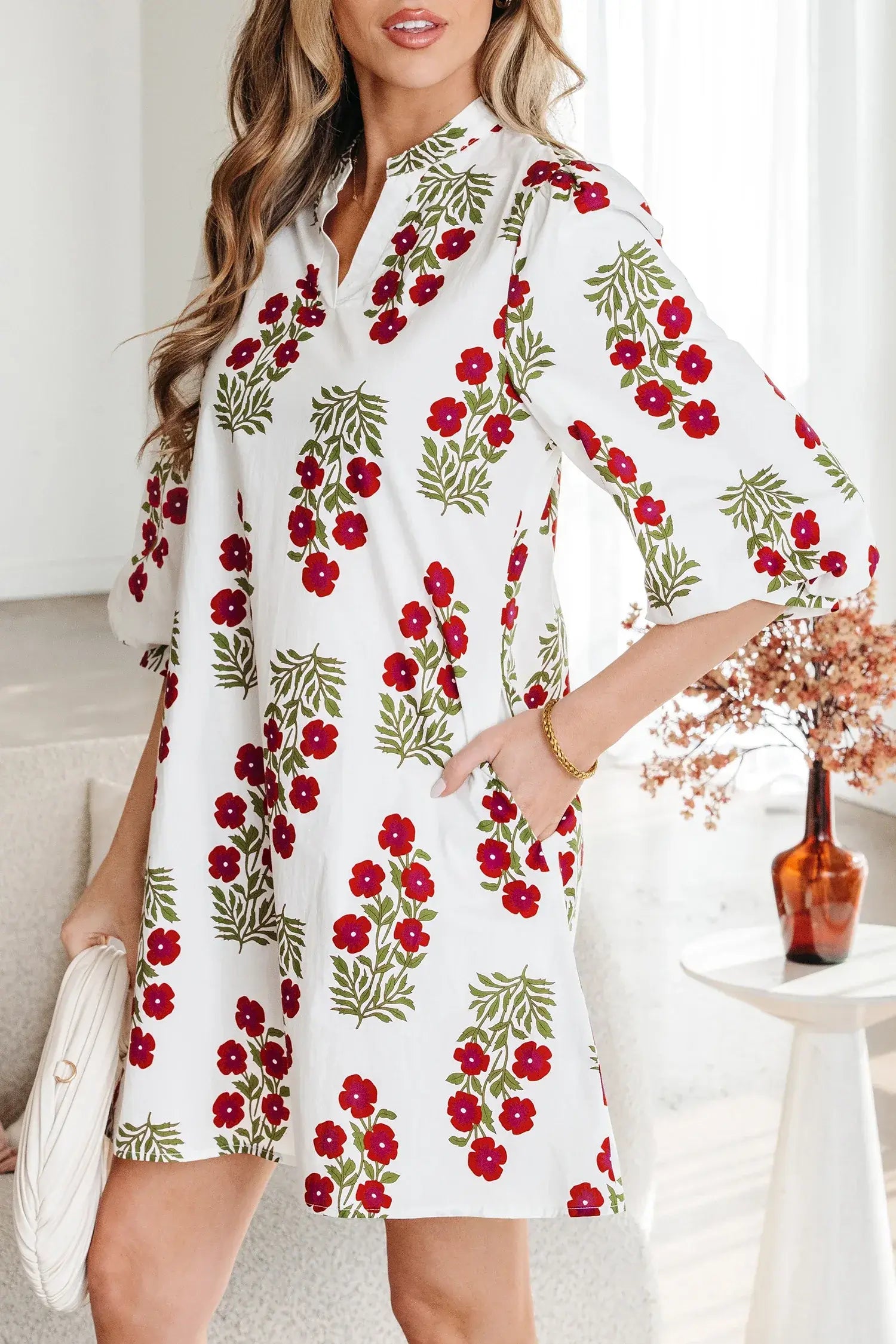 White Floral Print V Neck 3/4 Sleeve Loose Mini Dress - Sweet Fashion Wholesale