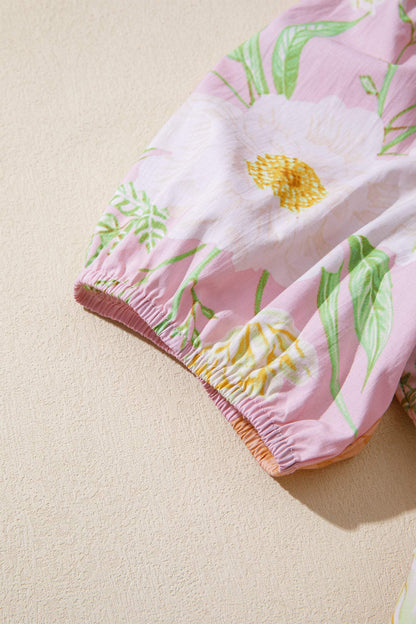 Pink Floral Print Short Puff Sleeve High Waist Tiered Maxi Dress
