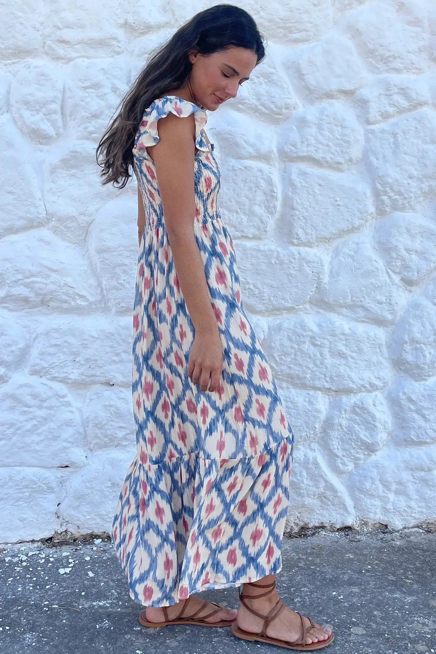 Sky Blue Ethnic Geometric Print Square Neck Smocked High Waist Ruffle Sleeve Dress - Sweet Fashion Wholesale