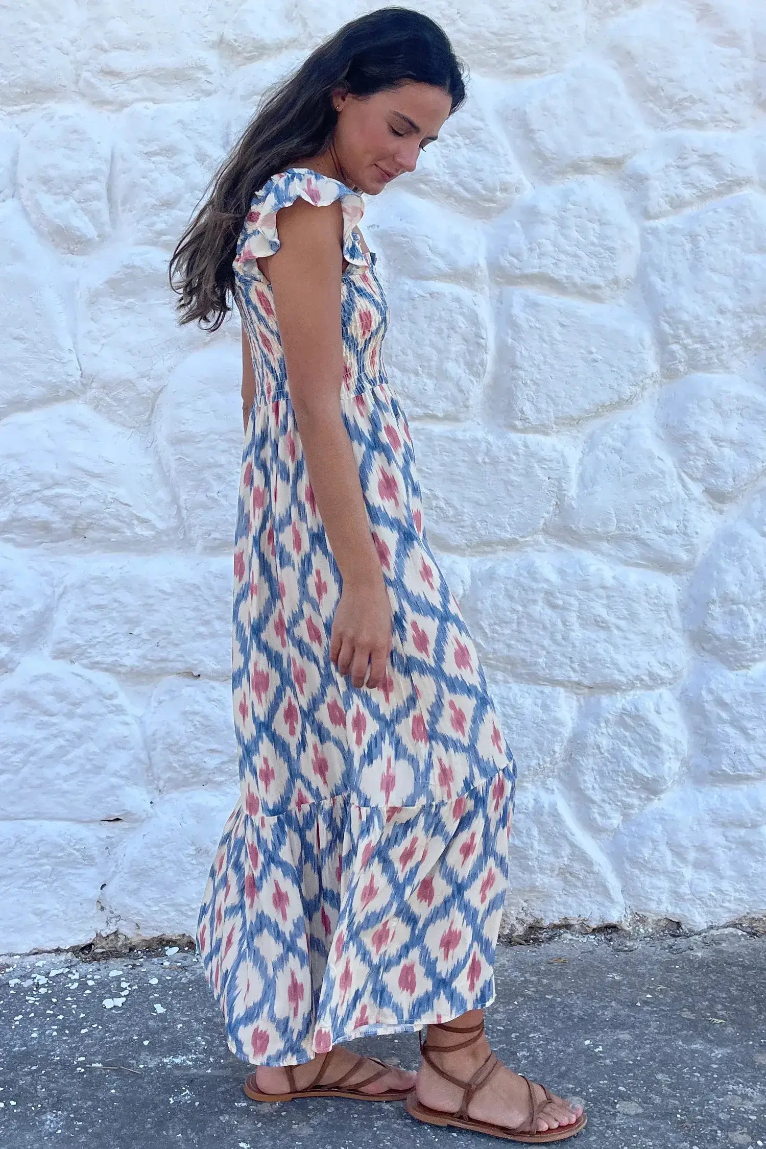Sky Blue Ethnic Geometric Print Square Neck Smocked High Waist Ruffle Sleeve Dress - Sweet Fashion Wholesale