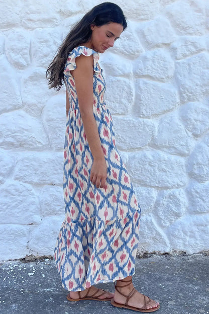 Sky Blue Ethnic Geometric Print Square Neck Smocked High Waist Ruffle Sleeve Dress - Sweet Fashion Wholesale