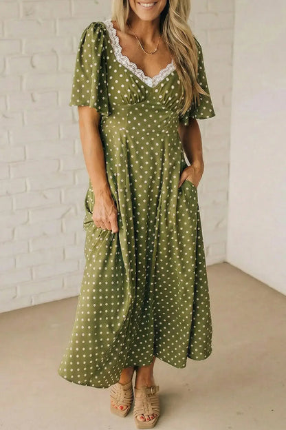 Green Polka Dot Print Lacy Neckline Smocked High Waist Maxi Dress - Sweet Fashion Wholesale