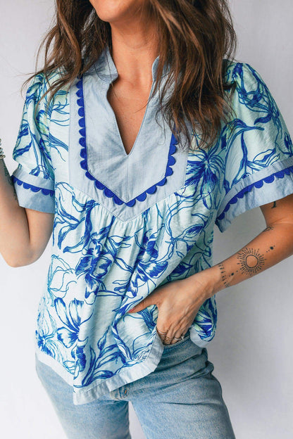 Sky Blue Ricrac Trim Slit V Neck Short Sleeve Floral Blouse - Sweet Fashion Wholesale
