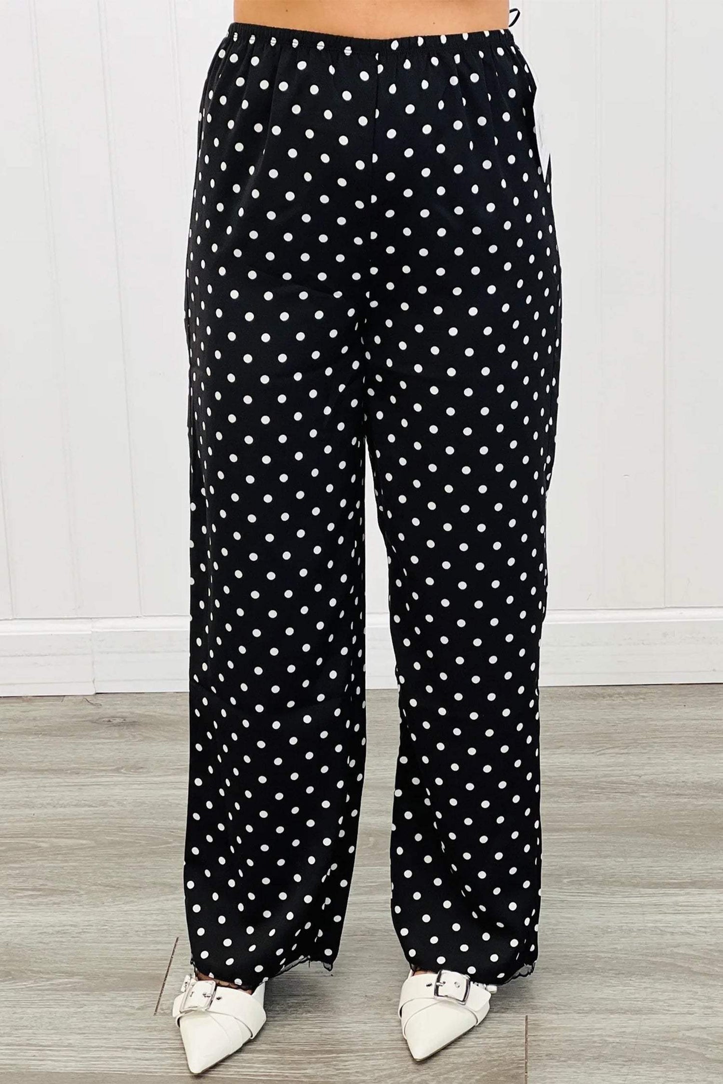 Black Polka Dot Print Elastic Waist Lace Hem Loose Pants