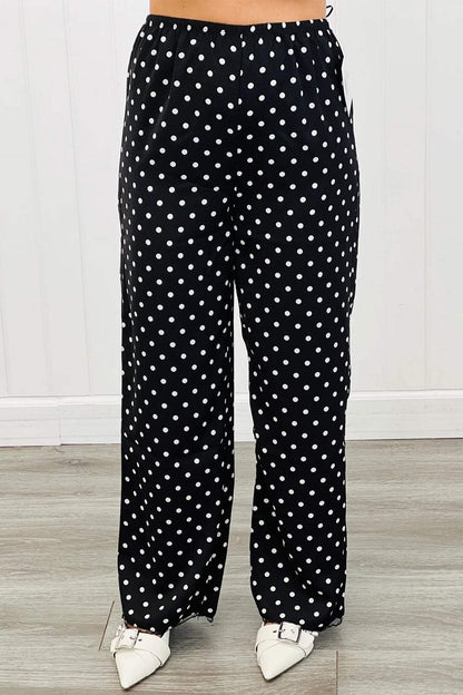 Black Polka Dot Print Elastic Waist Lace Hem Loose Pants