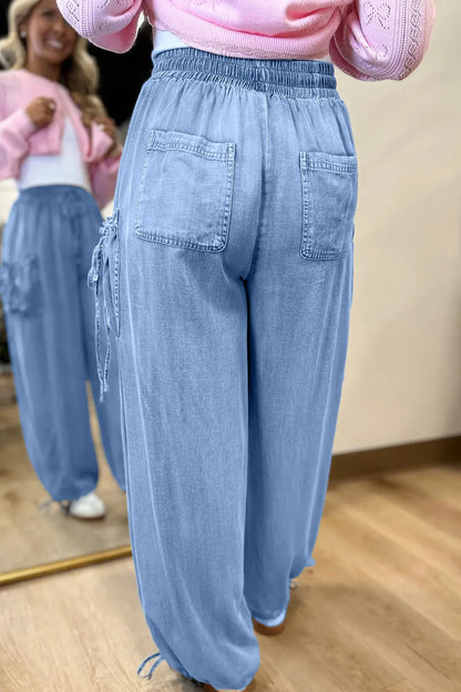 Beau Blue Drawstring Elastic Waist Pocketed Loose Denim Pants - Sweet Fashion Wholesale