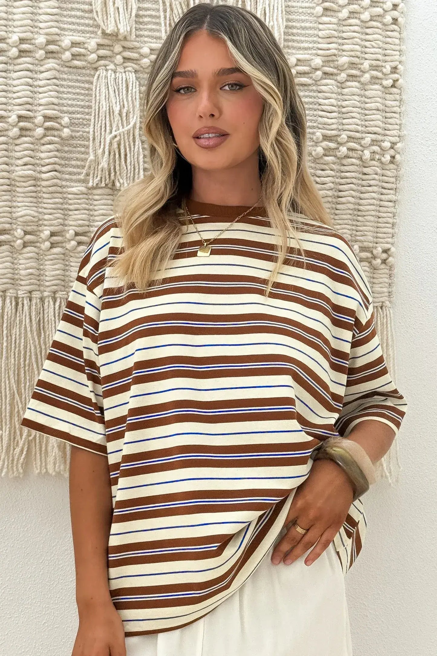 Brown Stripe Womens Casual Oversized Tee - Sweet Fashion Wholesale