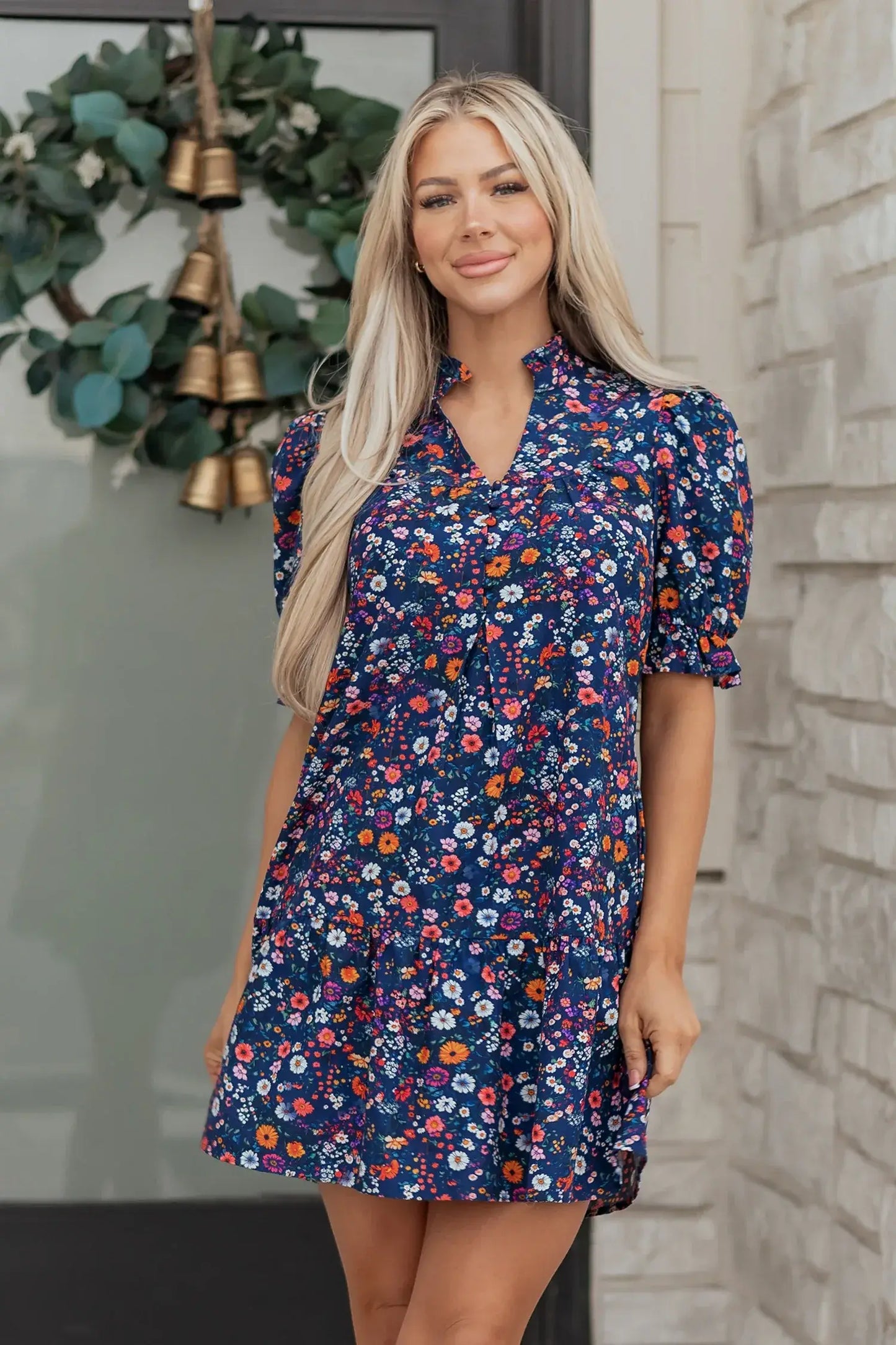 Blue Wild Daisy Floral Split Neck Short Puff Sleeve Mini Dress - Sweet Fashion Wholesale