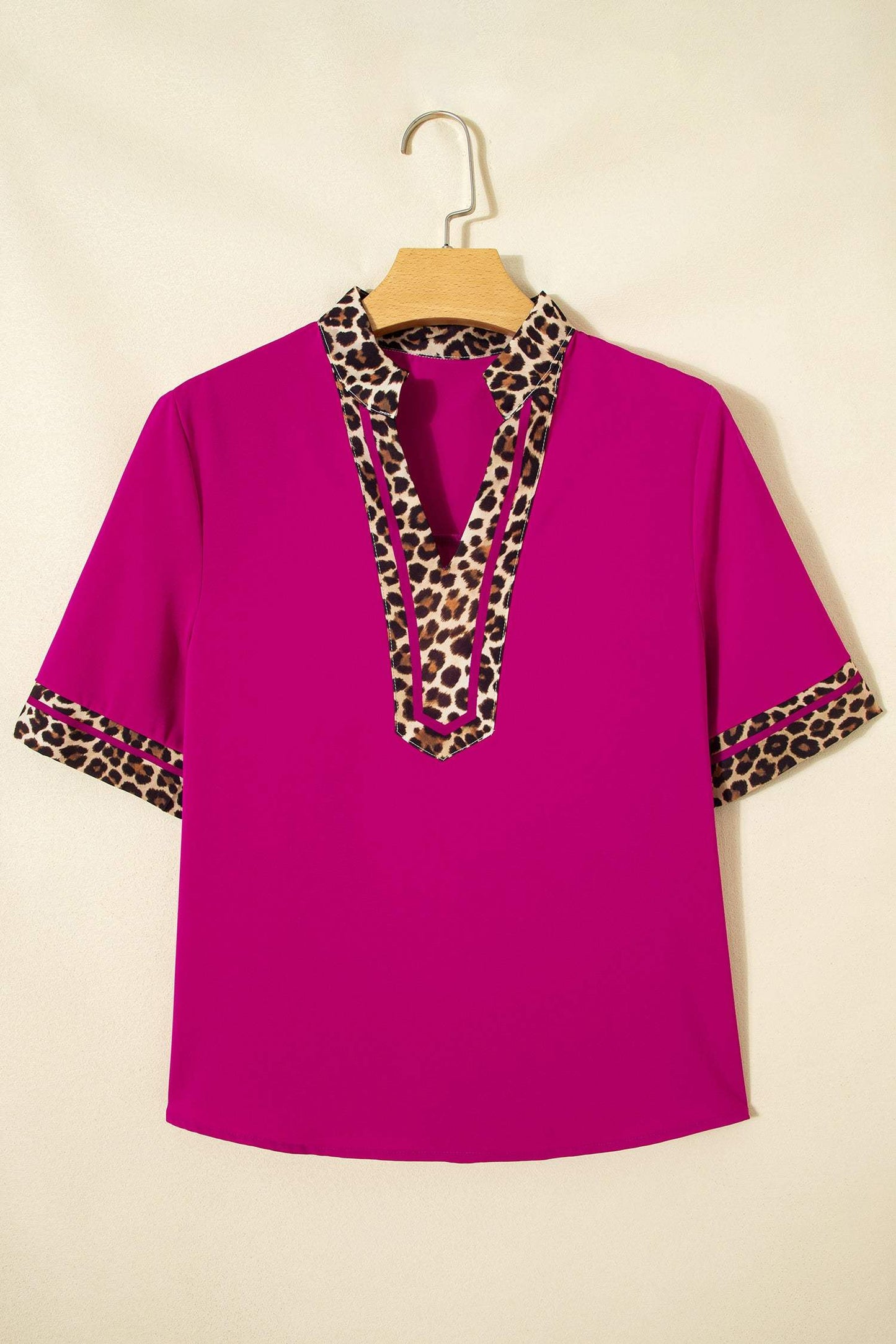 Violet Leopard Patchwork Trim Split Neck Short Sleeve Blouse