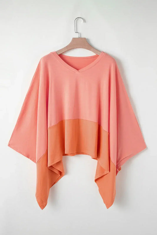 Grapefruit Orange Contrast Color Patchwork Oversized Side Split Top