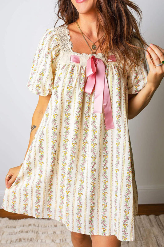 Multicolour Floral Print Contrast Ribbon Bow Lace Trim Square Neck Mini Dress - Sweet Fashion Wholesale