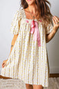 Multicolour Floral Print Contrast Ribbon Bow Lace Trim Square Neck Mini Dress - Sweet Fashion Wholesale