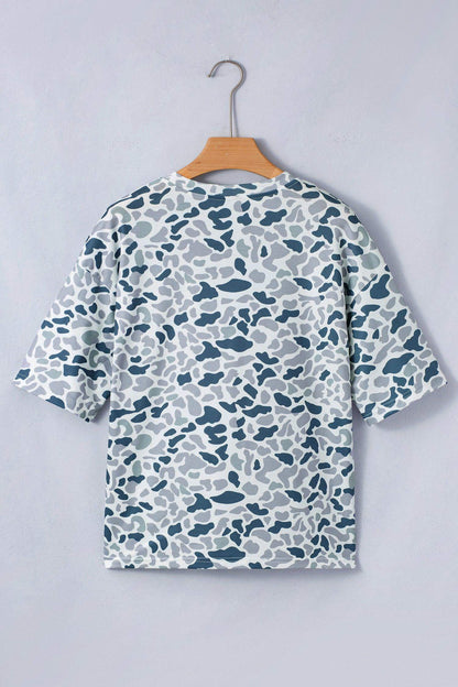 Gray Camouflage Print Single Chest Pocket V Neck Tee - Sweet Fashion Wholesale