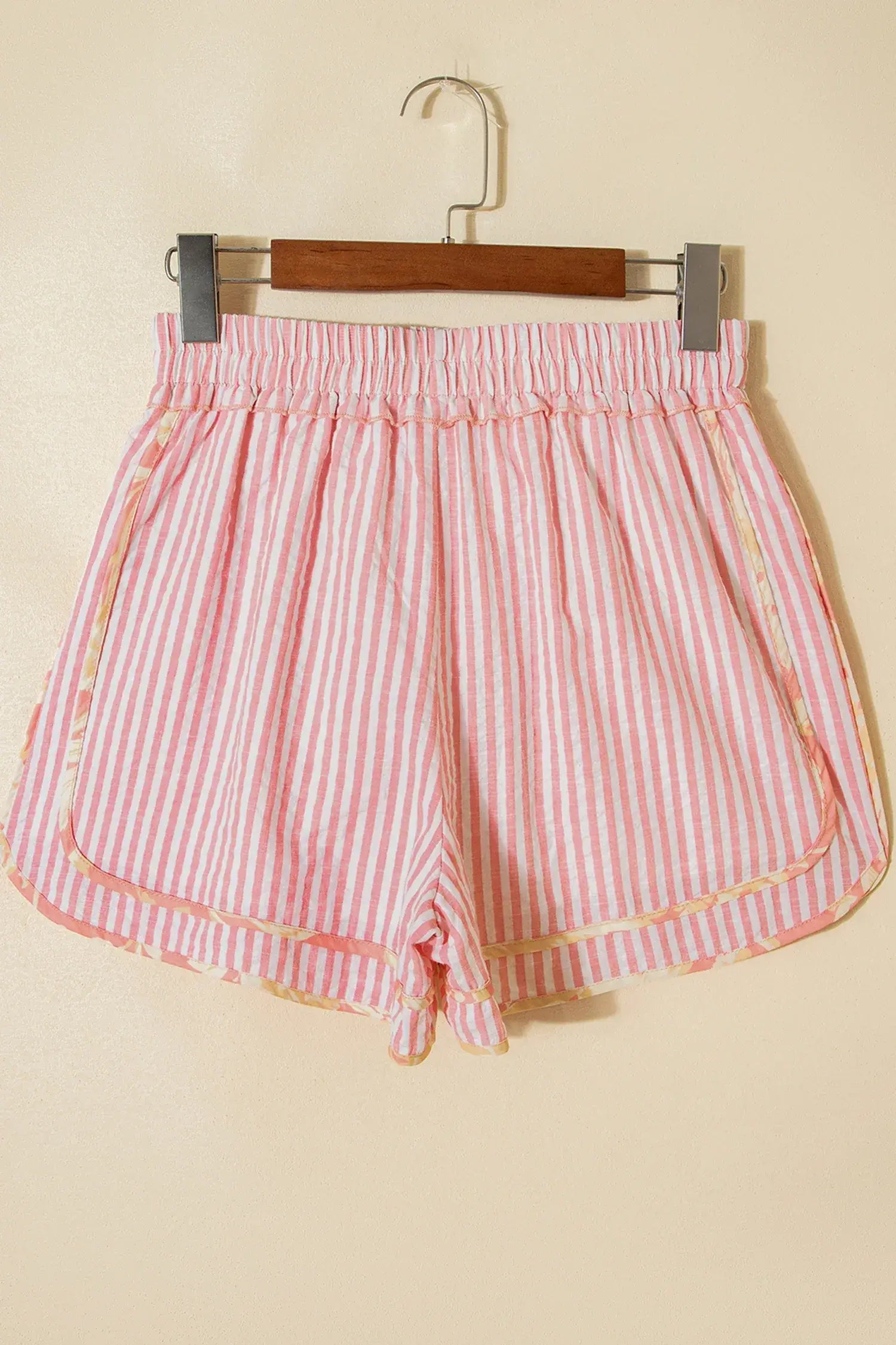 Light Pink Floral Trim Ribbon Knot Striped Casual Shorts - Sweet Fashion Wholesale