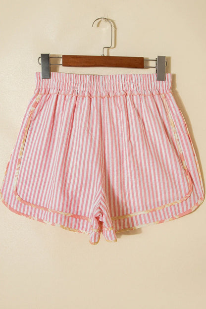 Light Pink Floral Trim Ribbon Knot Striped Casual Shorts - Sweet Fashion Wholesale