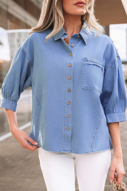 Myosotis Washed Drop Shoulder Bracelet Sleeve Chambray Shirt - Sweet Fashion Wholesale