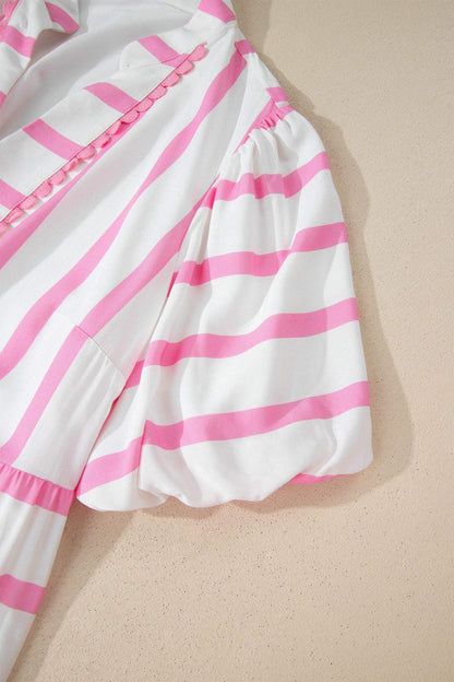Pink Stripe Plus Size V Neck Short Puff Sleeve Tiered Maxi Dress - Sweet Fashion Wholesale