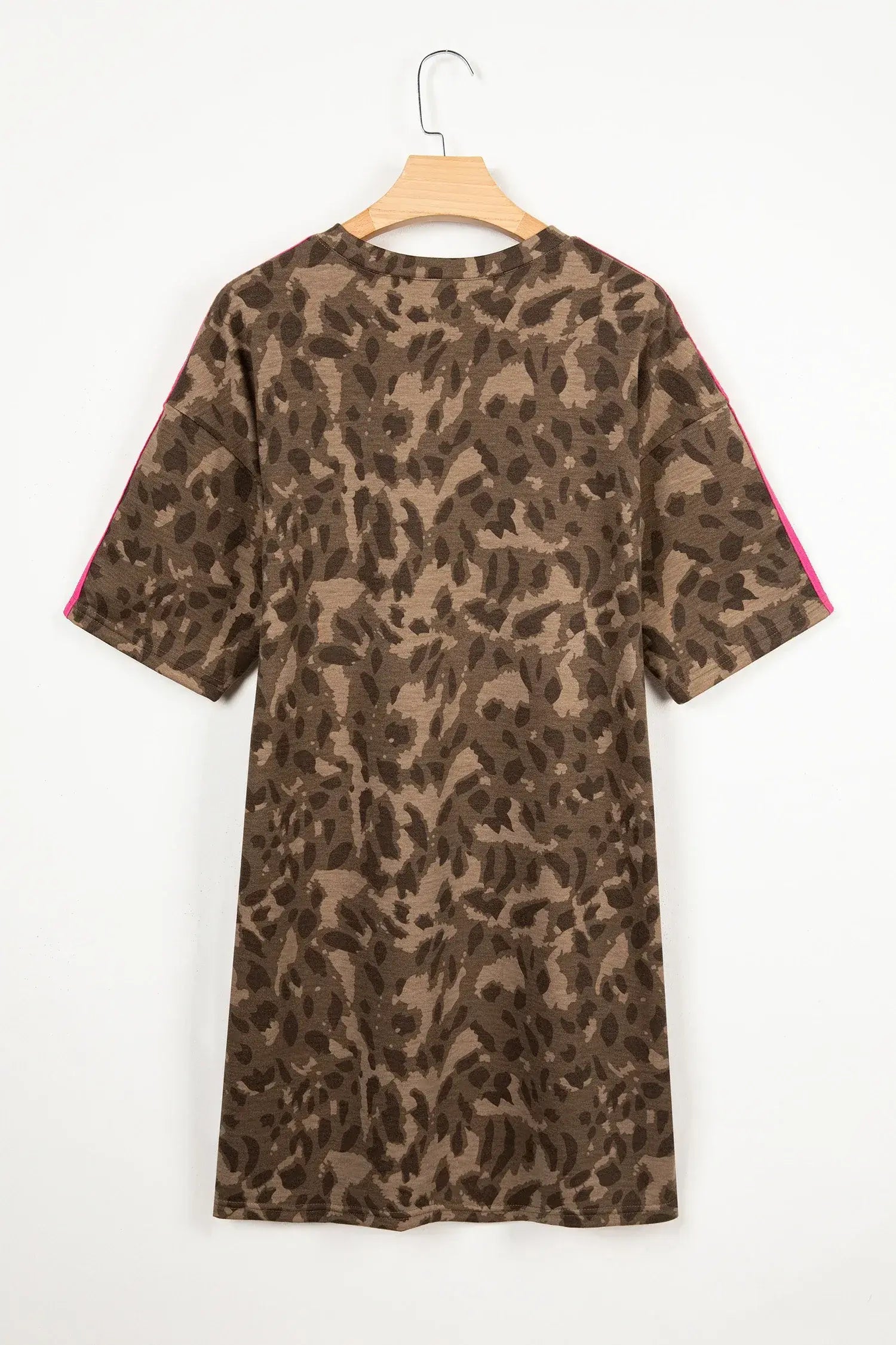 Brown Loose Contrast Striped Accent Leopard T Shirt Mini Dress with Pockets - Sweet Fashion Wholesale