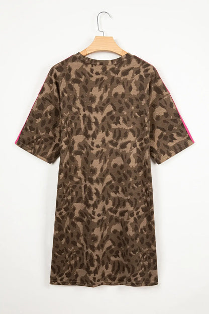 Brown Loose Contrast Striped Accent Leopard T Shirt Mini Dress with Pockets - Sweet Fashion Wholesale