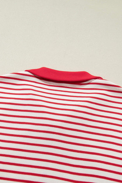 Green Stripe Quarter Zip Polo Collar T Shirt Dress with Pockets