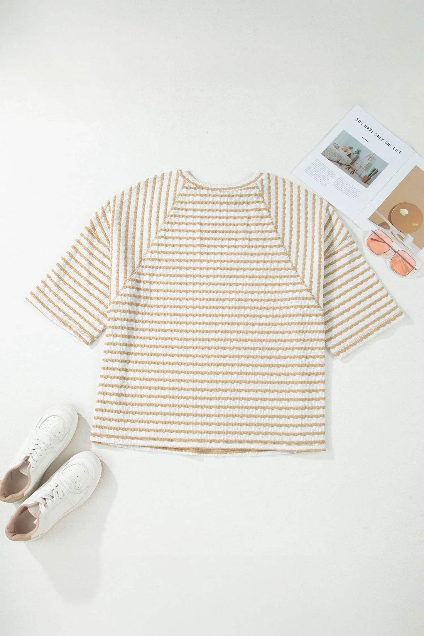 Apricot Stripe Plus Size Textured Patchwork Detail Half Sleeve Top - Sweet Fashion Wholesale