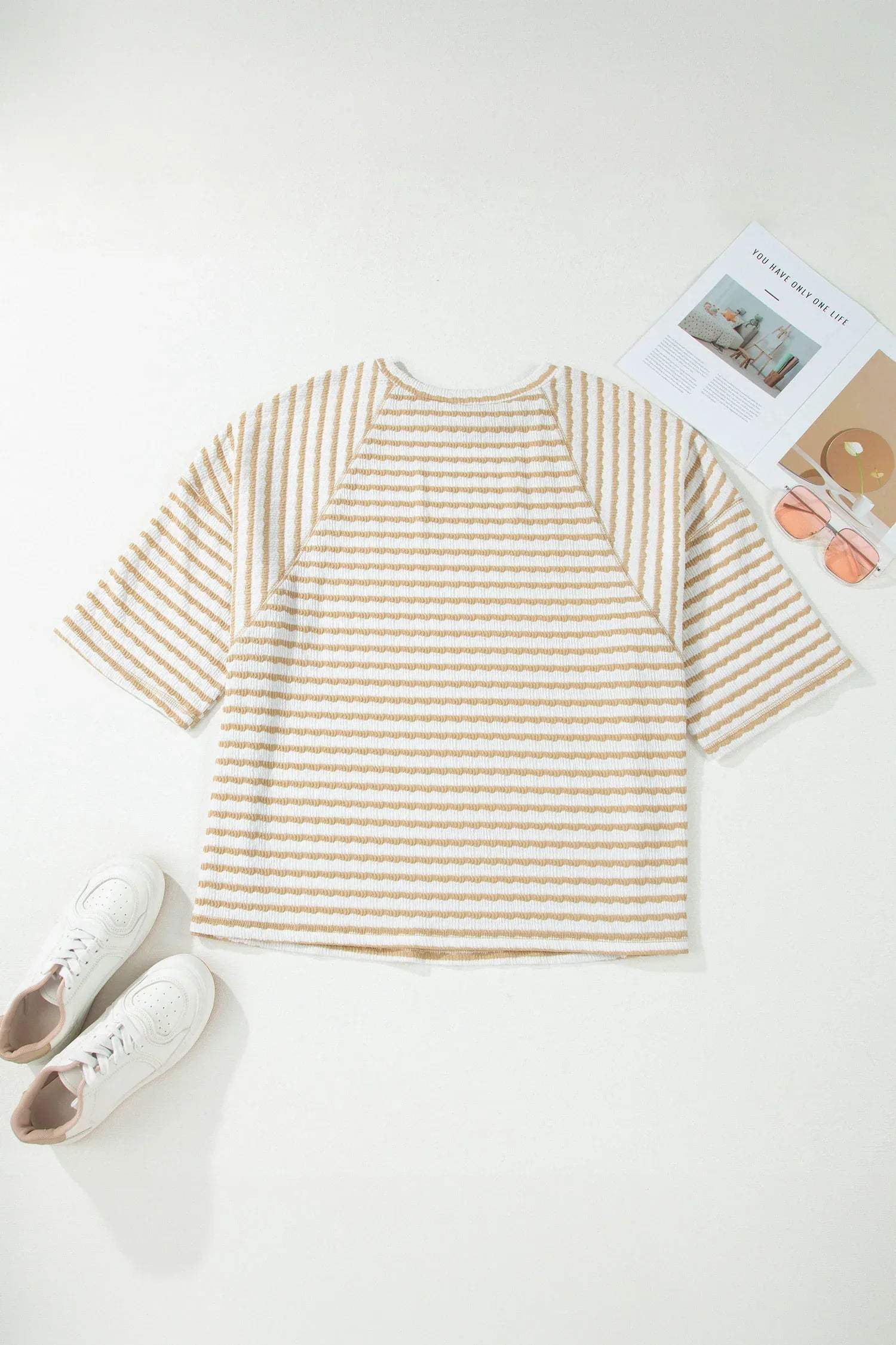 Apricot Stripe Plus Size Textured Patchwork Detail Half Sleeve Top - Sweet Fashion Wholesale