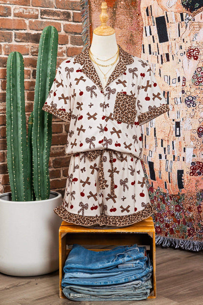 White Chic Bow Cherry Printed Leopard Contrast Patchwork Shirt Drawstring Shorts 2pcs PJ Set - Sweet Fashion Wholesale