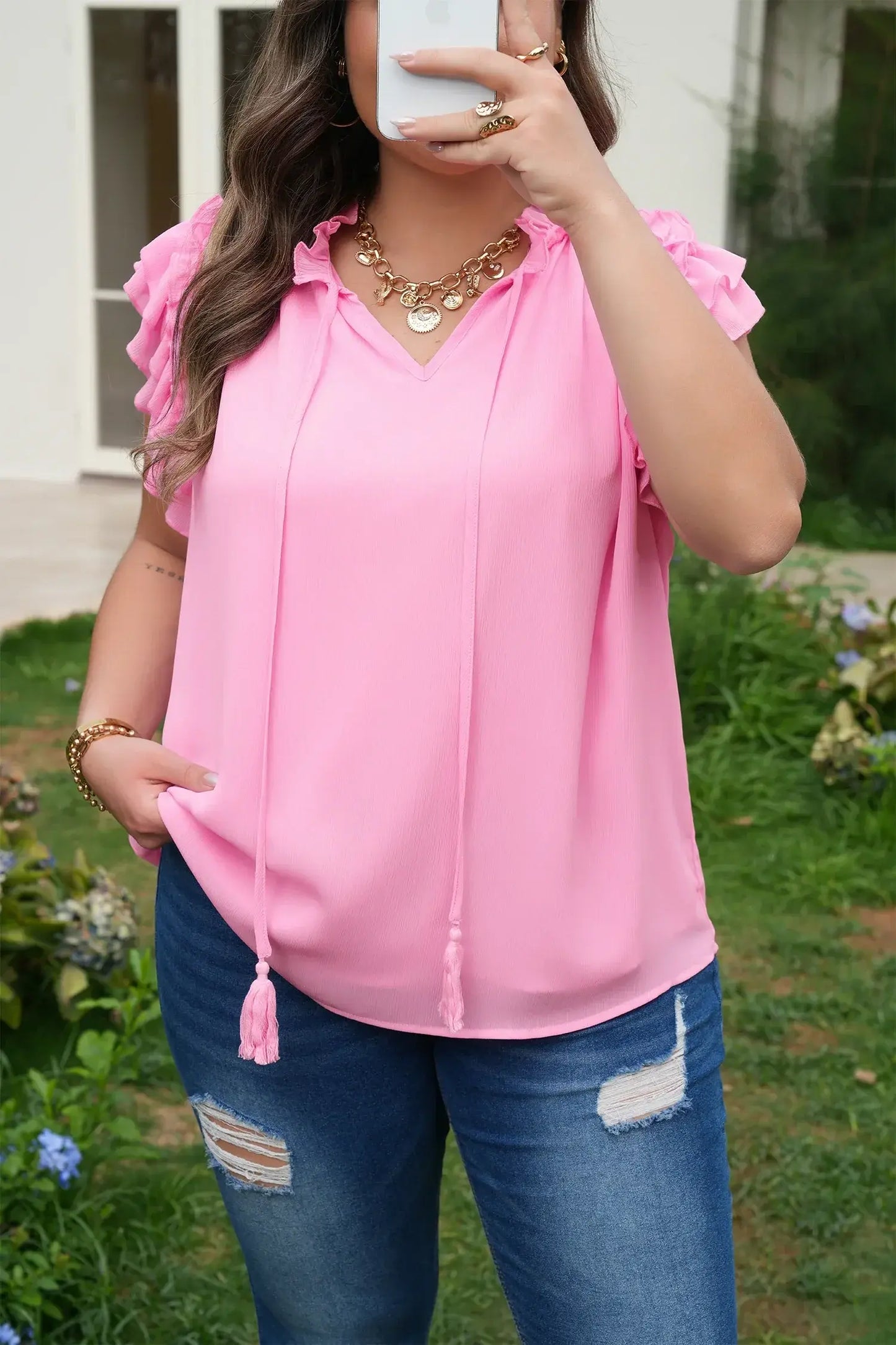 Bonbon Plus Size Textured Tassel Tie V Neck Ruffle Short Sleeve Blouse - Sweet Fashion Wholesale