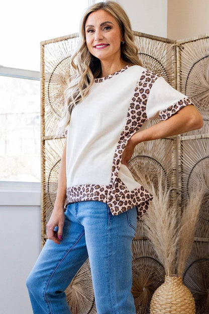 White Ribbed Leopard Patchwork Uneven Hem T Shirt