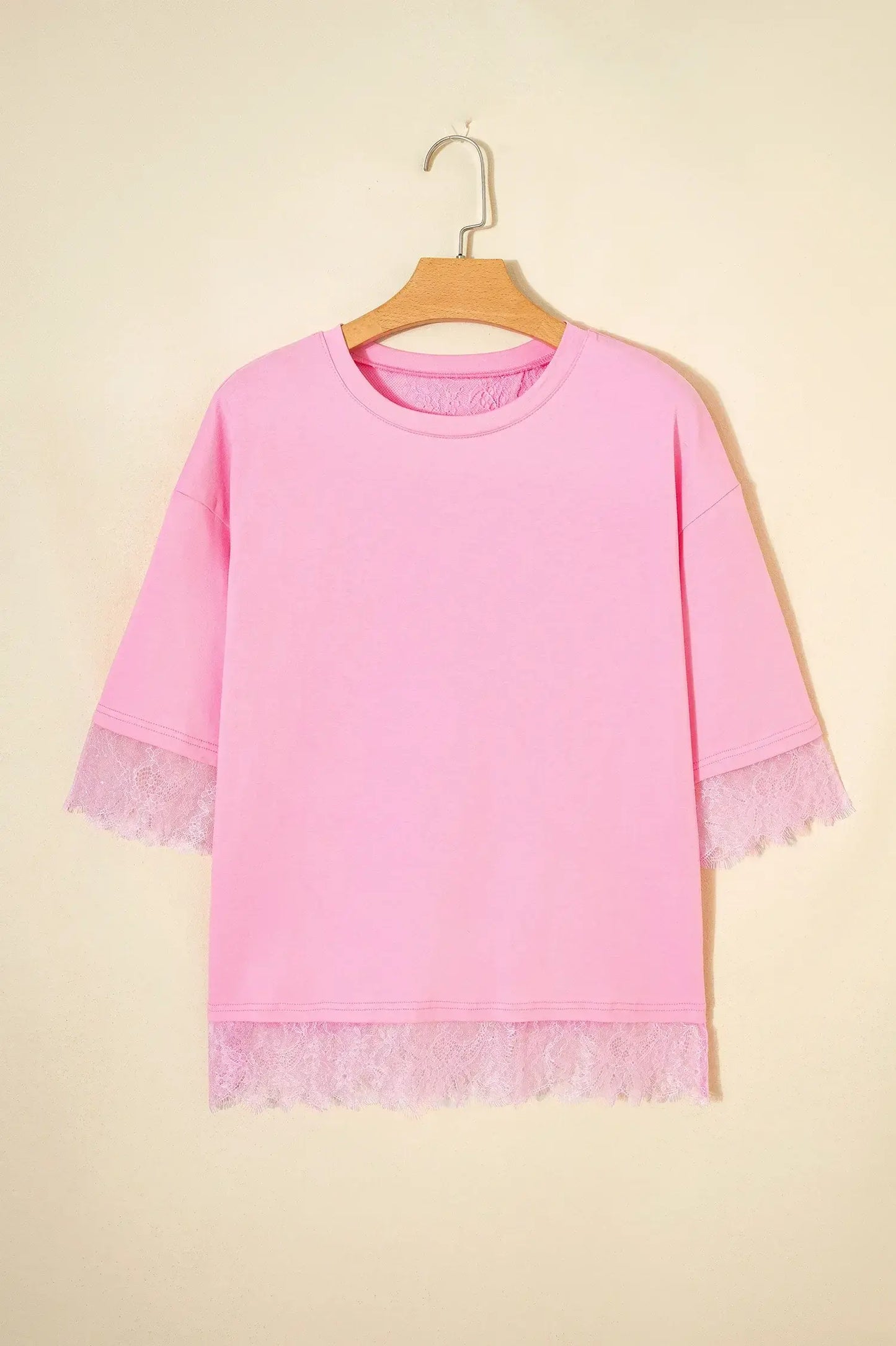 Pink Eyelash Floral Lace Patchwork Half Sleeve Oversize Tee - Sweet Fashion Wholesale