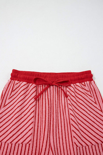 Sky Blue Stripe Crew Neck Tee Drawstring Waist Cropped Pants Set