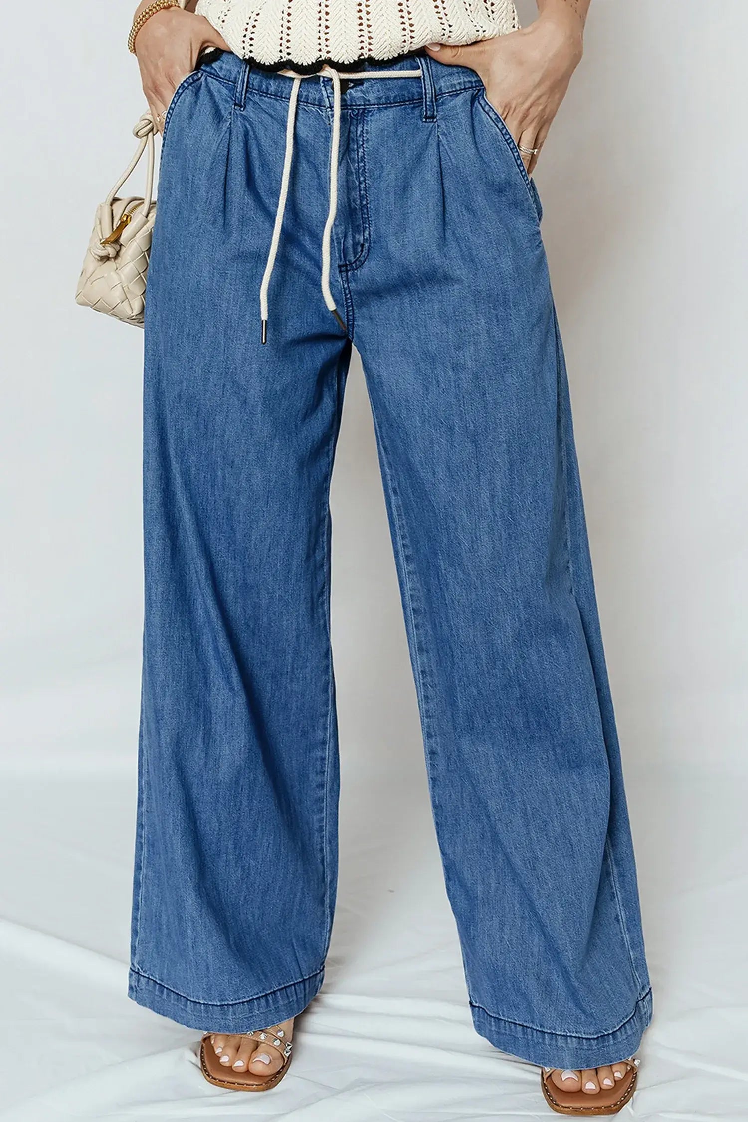 Dusk Blue Lace-up Pull on Wide Leg Jeans - Sweet Fashion Wholesale