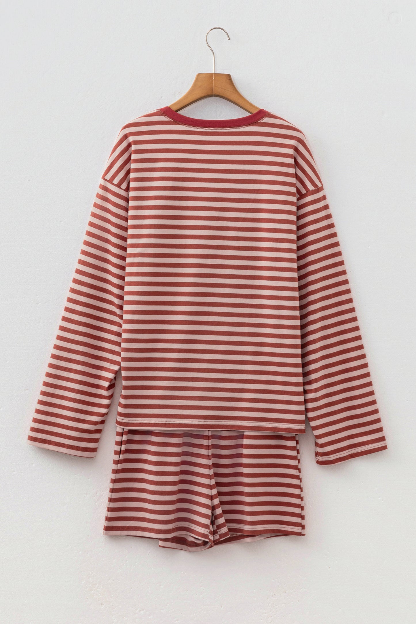 Brown Stripe Relaxed Long Sleeve Top Contrast Elastic Waistband Short Set