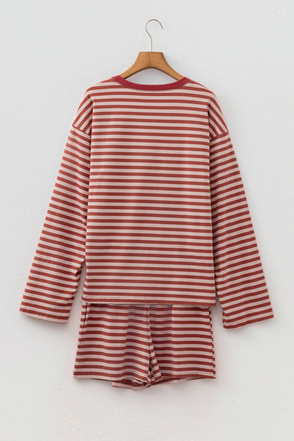 Brown Stripe Relaxed Long Sleeve Top Contrast Elastic Waistband Short Set