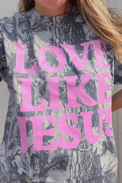 Gray Woodland Camouflage LOVE LIKE JESUS Plus Size T Shirt