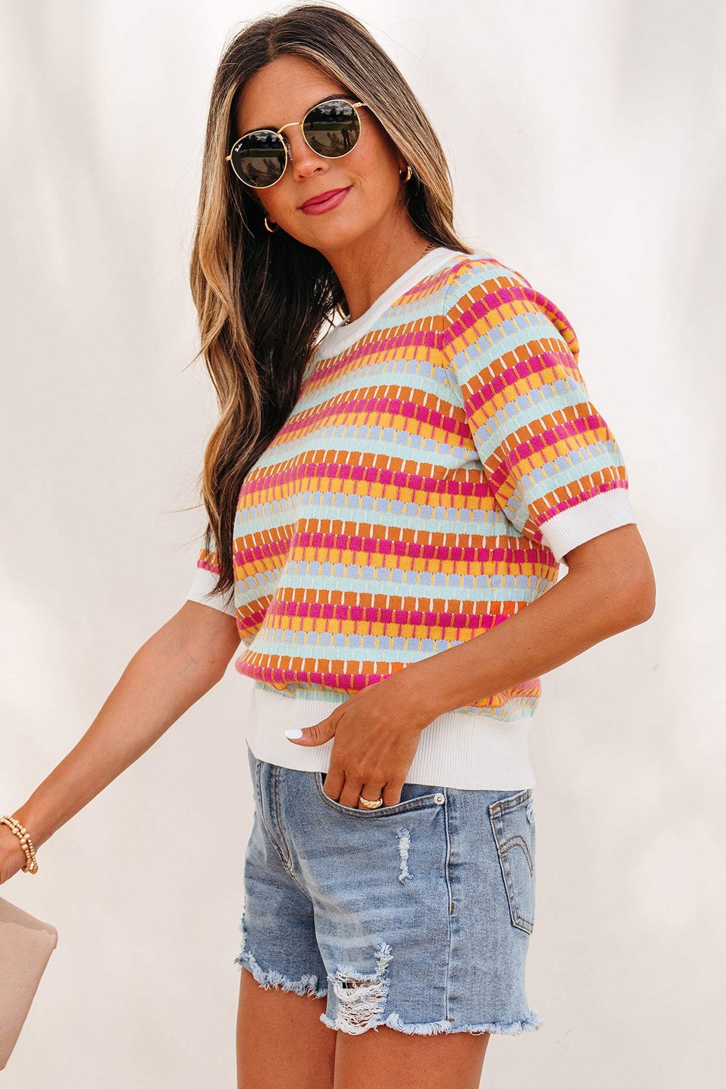 Orange Abstract Striped Knit Short Sleeve Sweater