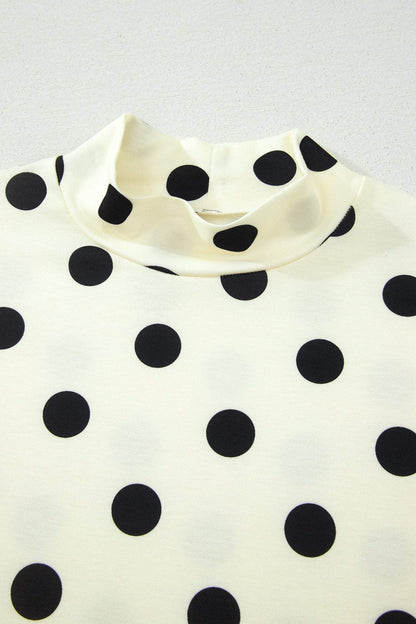 Beige Polka Dot Print High Neck Dolman Top