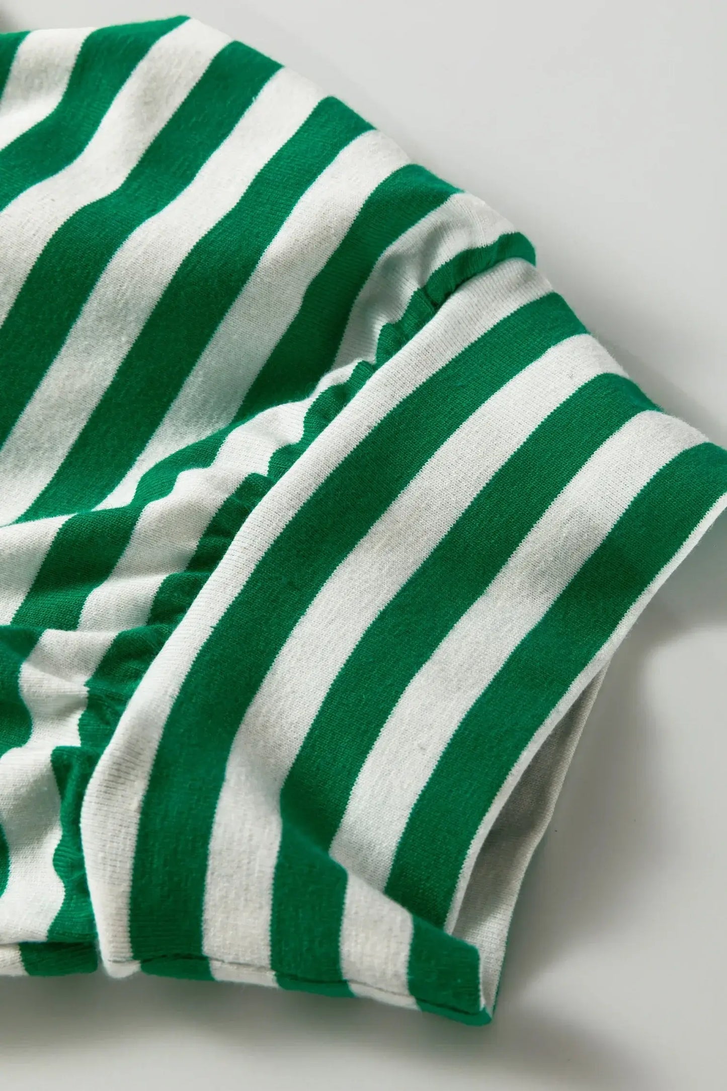 Green Stripe Collared V Neck Short Puff Sleeve Top - Sweet Fashion Wholesale