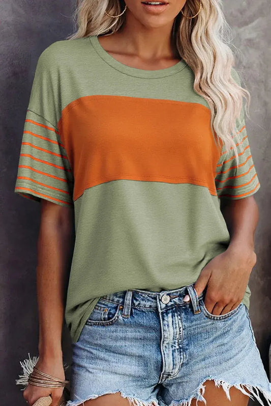 Laurel Green Color Block Striped Detail Loose T Shirt - Sweet Fashion Wholesale