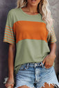 Laurel Green Color Block Striped Detail Loose T Shirt - Sweet Fashion Wholesale