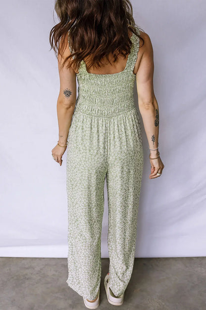 Green Smocked Bodice Square Neck Sleeveless Floral Jumpsuit - Sweet Fashion Wholesale