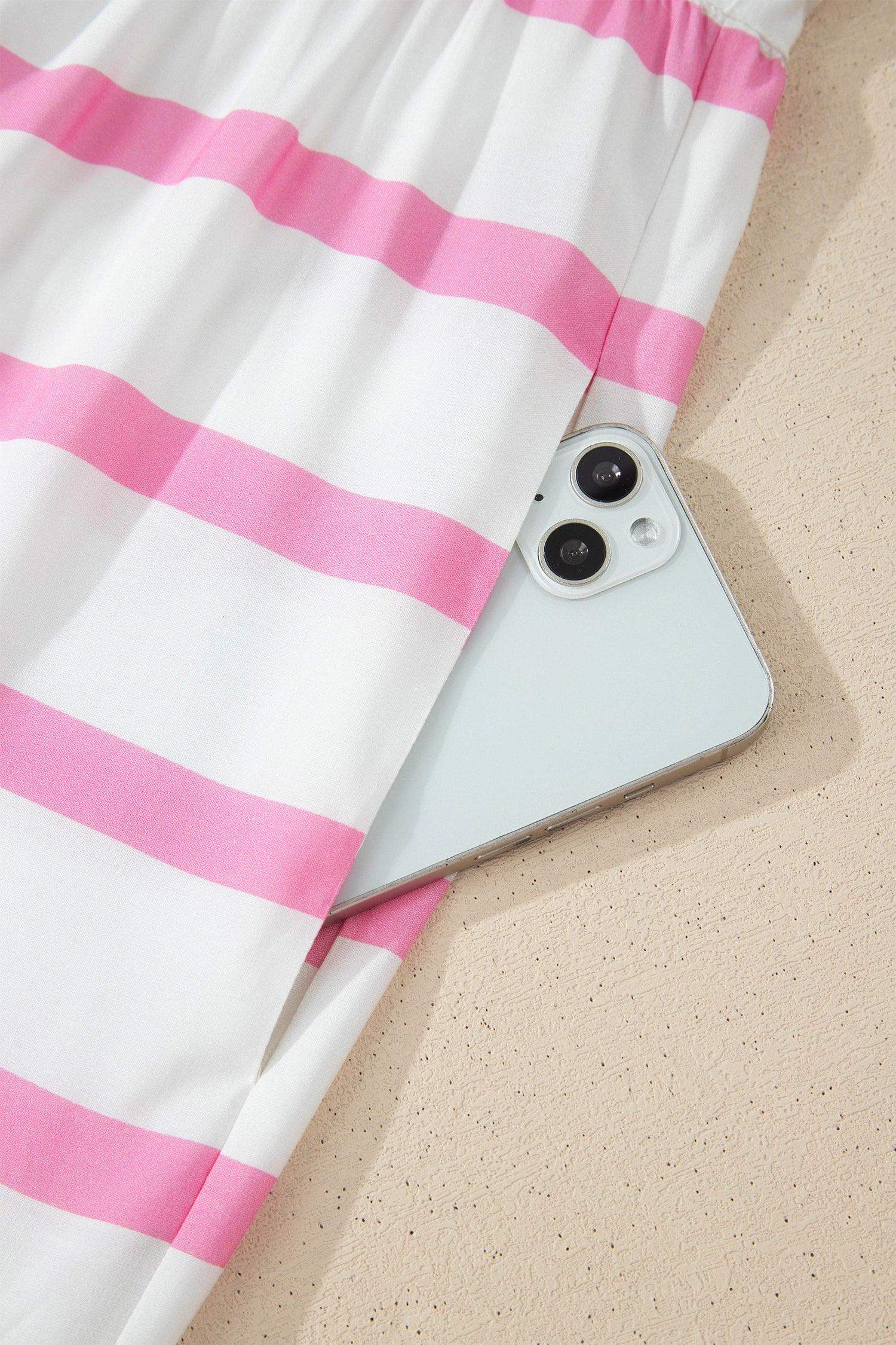 Pink Stripe Plus Size V Neck Short Puff Sleeve Tiered Maxi Dress - Sweet Fashion Wholesale