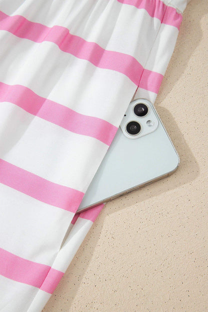 Pink Stripe Plus Size V Neck Short Puff Sleeve Tiered Maxi Dress - Sweet Fashion Wholesale