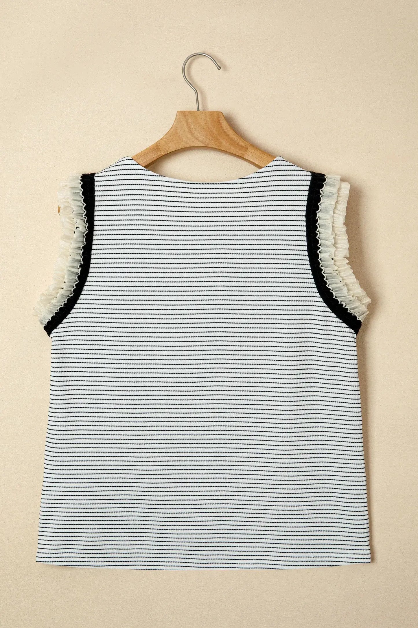 Black Stripe Contrasted Ruffle Trim Casual Tank Top - Sweet Fashion Wholesale