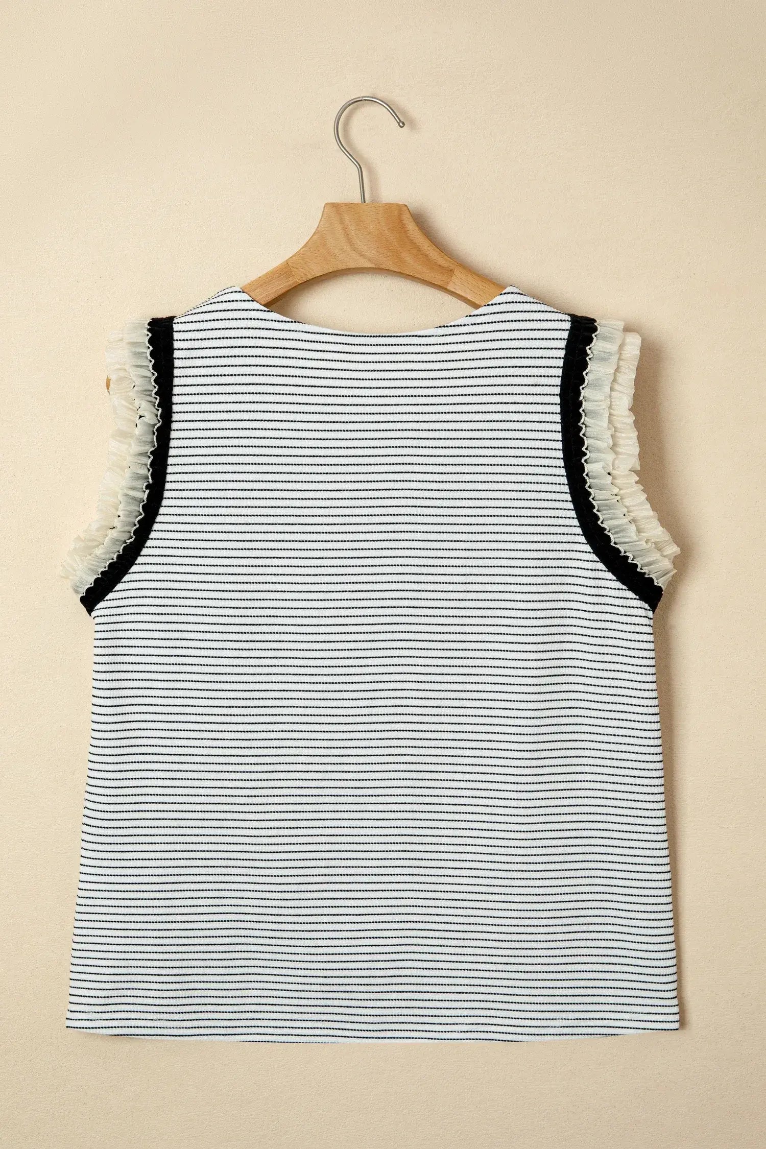 Black Stripe Contrasted Ruffle Trim Casual Tank Top - Sweet Fashion Wholesale